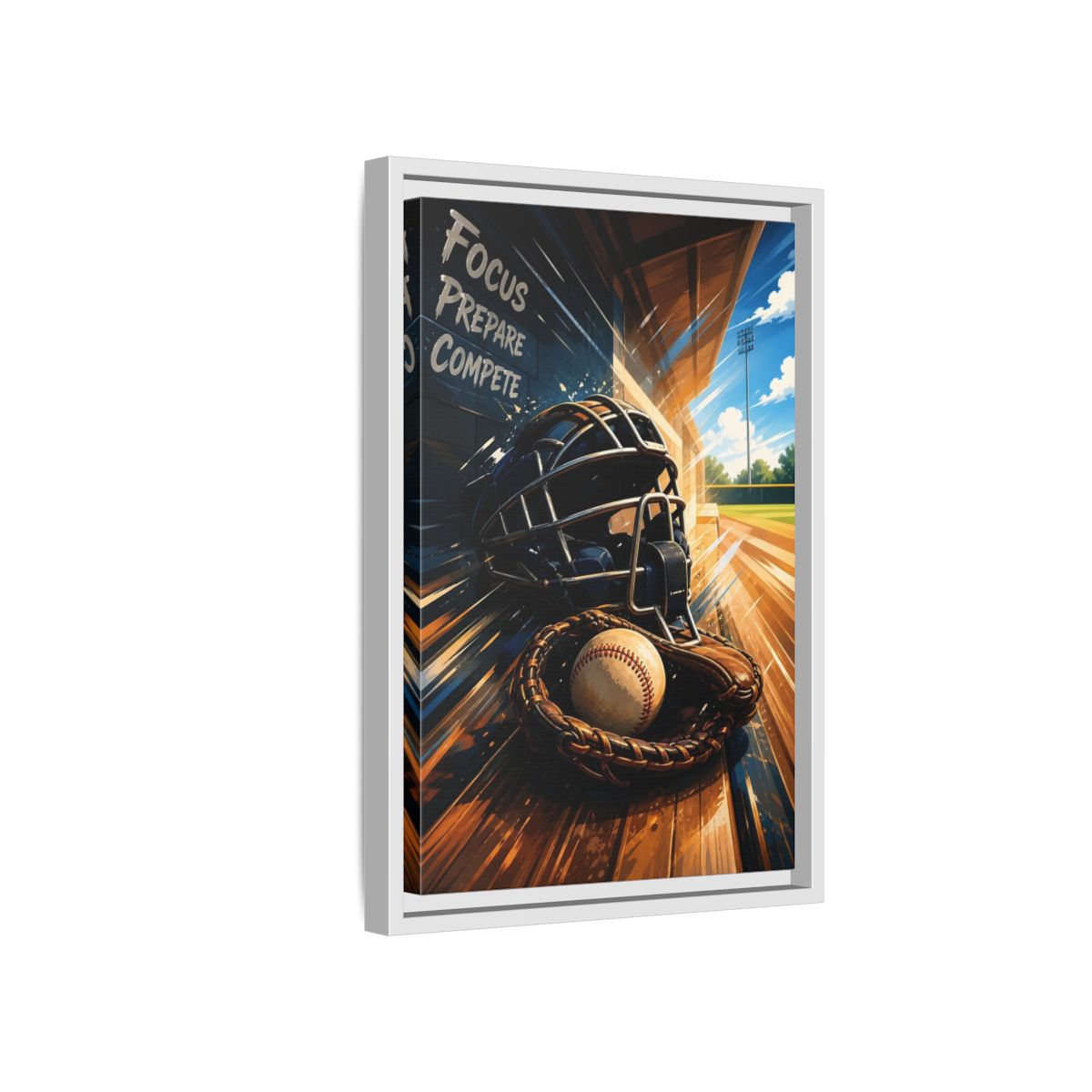 Side Mockup 4. Sports Baseball Equipment Baseball Blue Brown shown as framed canvas print