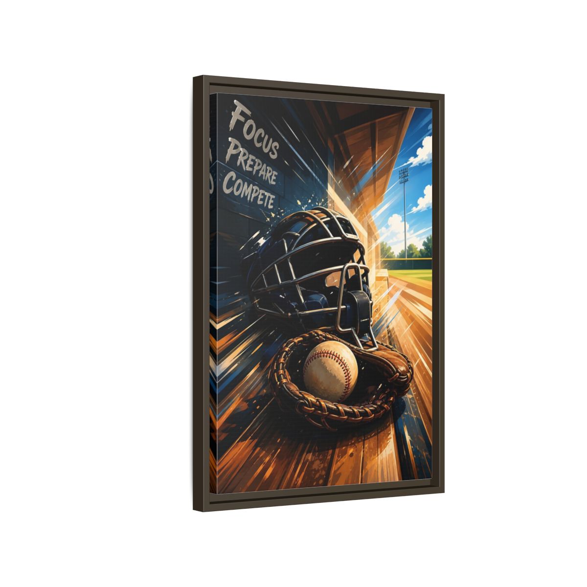 Side Mockup 2. Sports Baseball Equipment Baseball Blue Brown shown as framed canvas print
