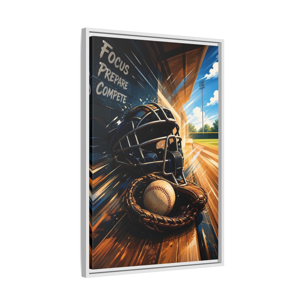 Side Mockup 10. Sports Baseball Equipment Baseball Blue Brown shown as framed canvas print