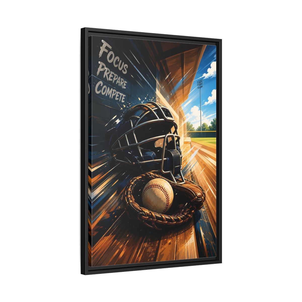 Side Mockup 14. Sports Baseball Equipment Baseball Blue Brown shown as framed canvas print