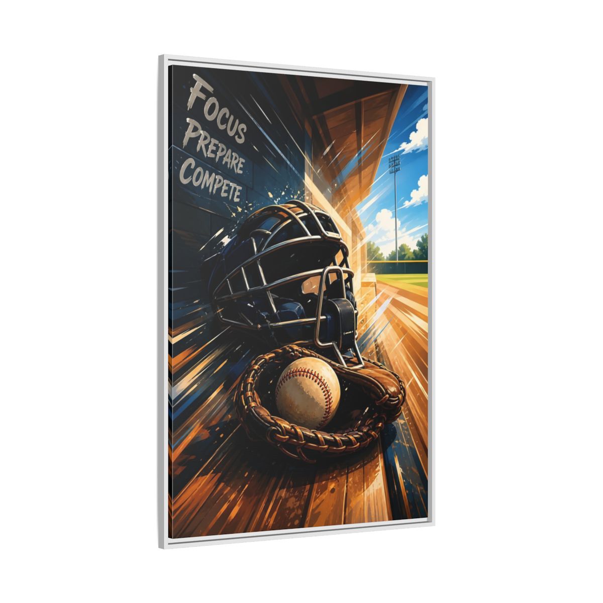 Side Mockup 7. Sports Baseball Equipment Baseball Blue Brown shown as framed canvas print