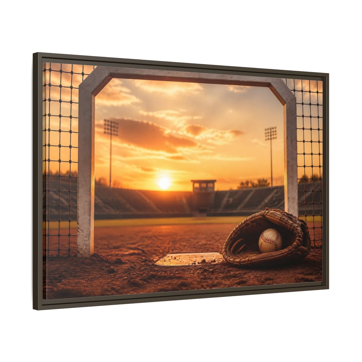 Main Mockup. Sports Baseball Field Baseball Sunset shown as framed canvas print
