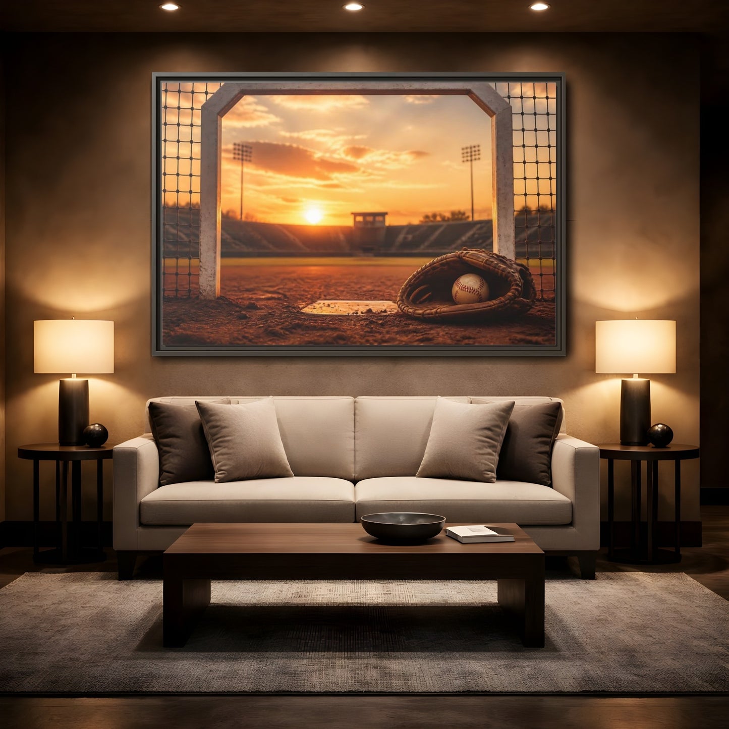 Mockup 2. Sports Baseball Field Baseball Sunset shown as framed canvas print