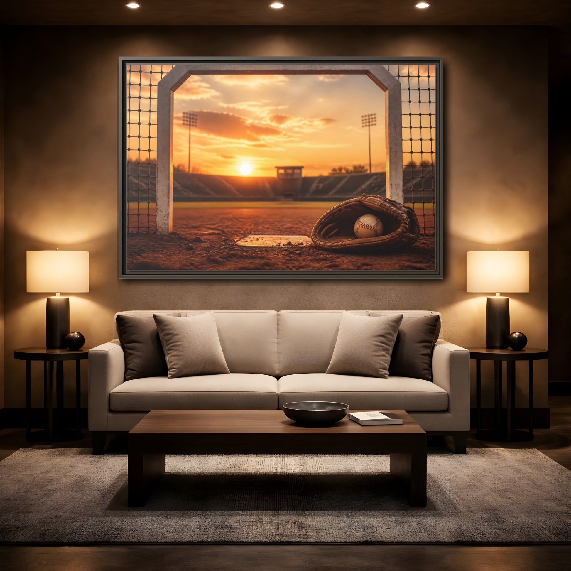 Mockup 2. Sports Baseball Field Baseball Sunset shown as framed canvas print
