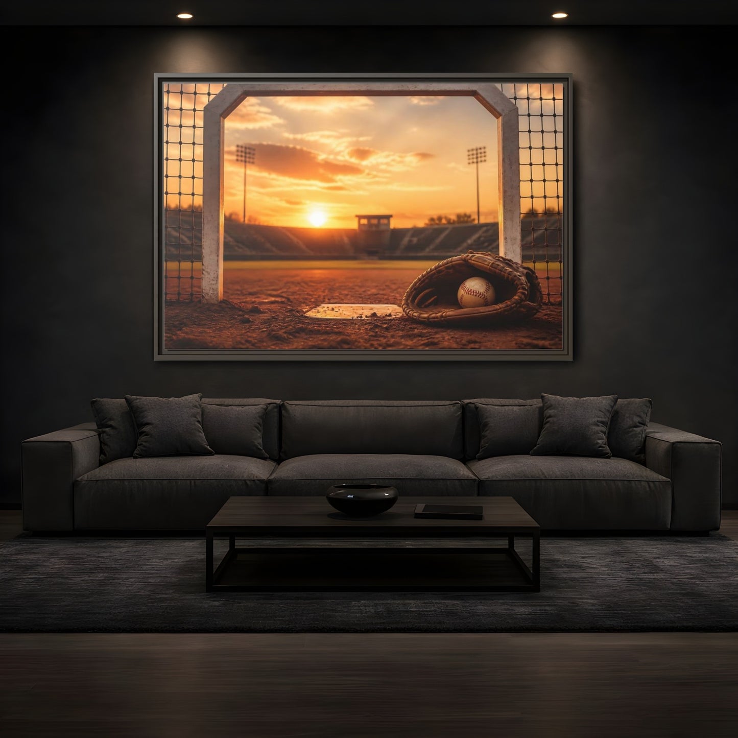 Mockup 3. Sports Baseball Field Baseball Sunset shown as framed canvas print