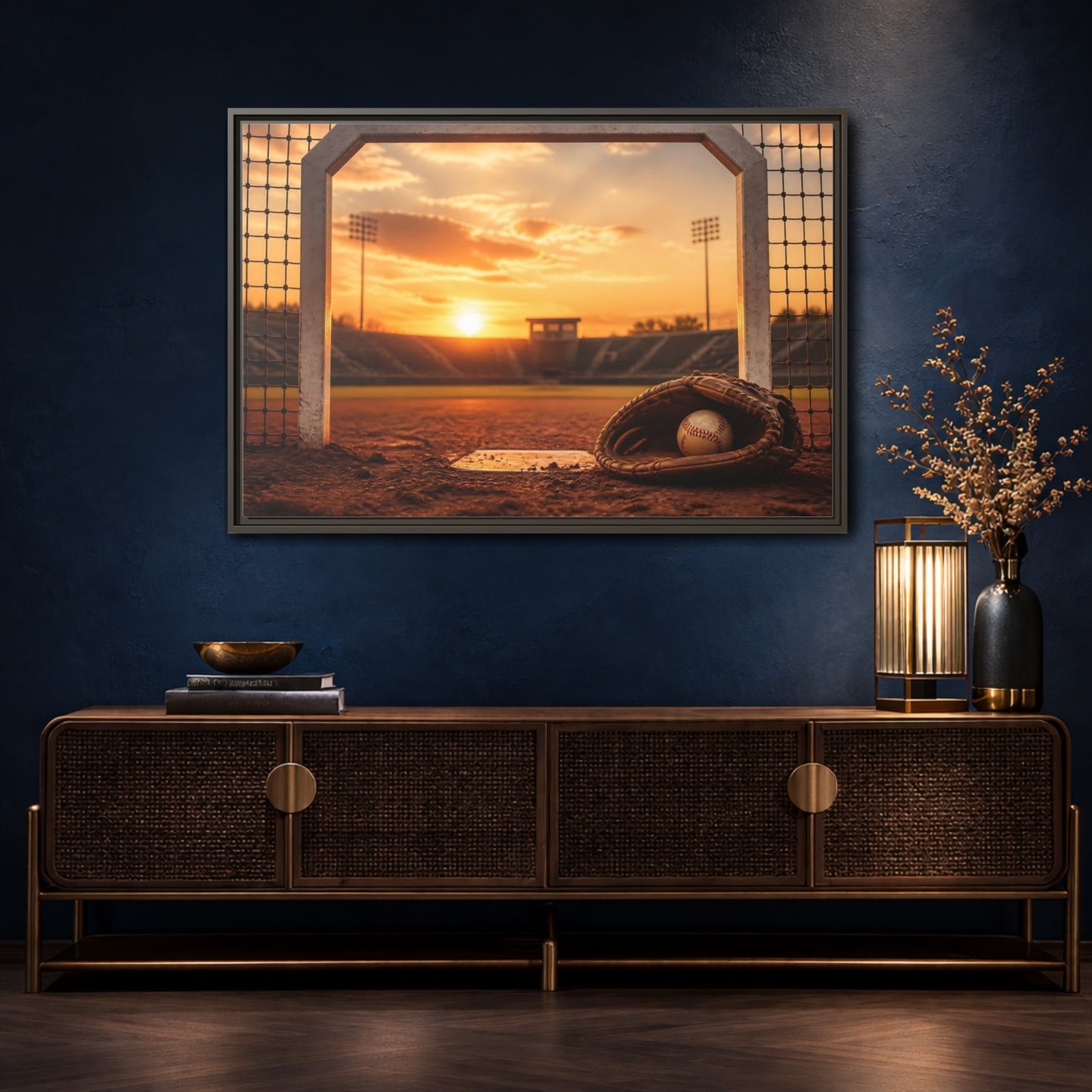 Mockup 4. Sports Baseball Field Baseball Sunset shown as framed canvas print