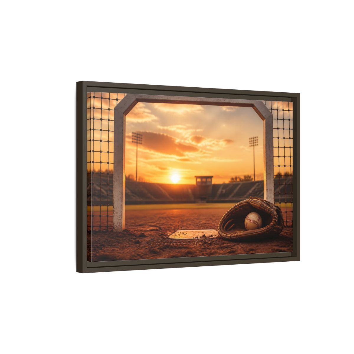 Side Mockup 2. Sports Baseball Field Baseball Sunset shown as framed canvas print