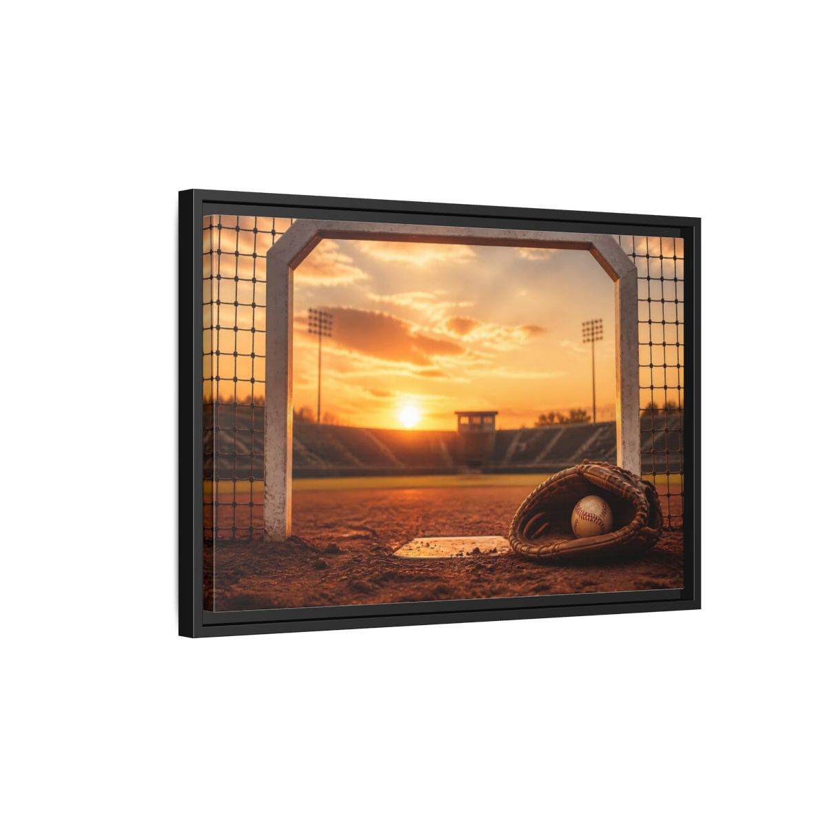 Side Mockup 3. Sports Baseball Field Baseball Sunset shown as framed canvas print