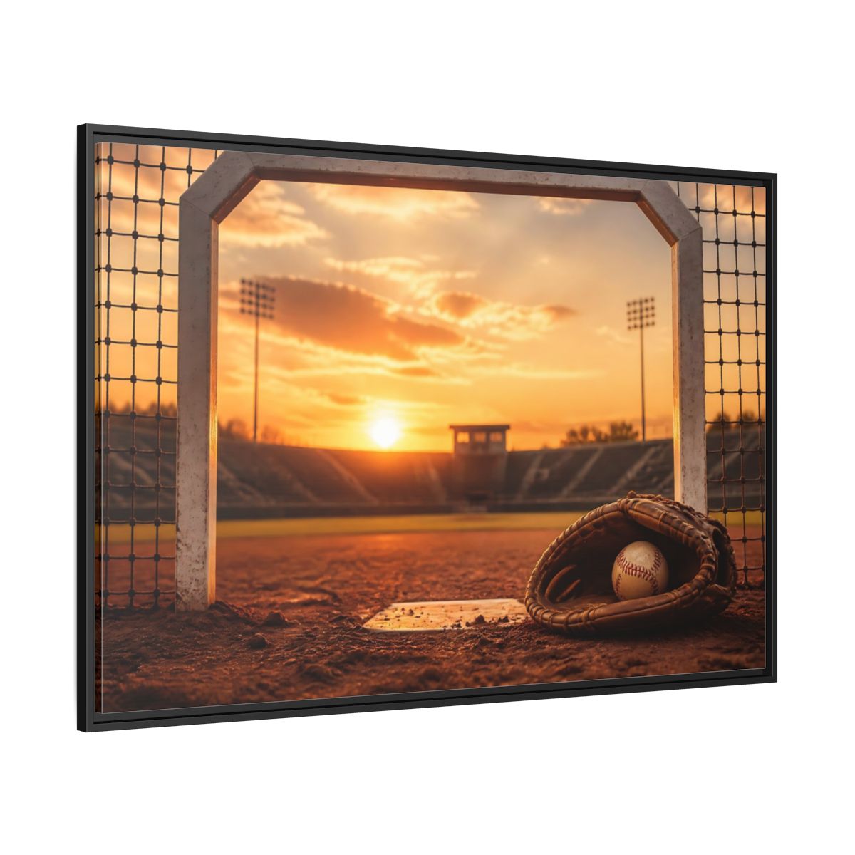 Side Mockup 12. Sports Baseball Field Baseball Sunset shown as framed canvas print