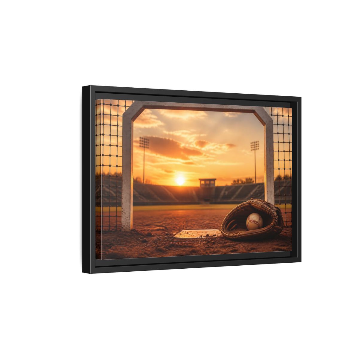 Side Mockup 6. Sports Baseball Field Baseball Sunset shown as framed canvas print