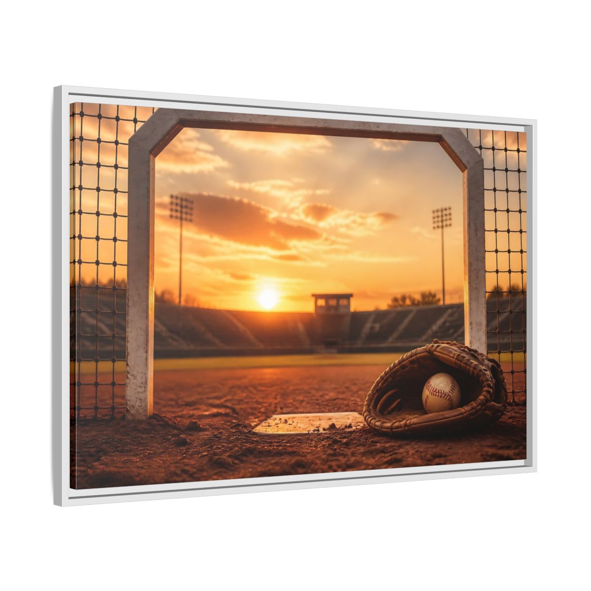 Side Mockup 9. Sports Baseball Field Baseball Sunset shown as framed canvas print