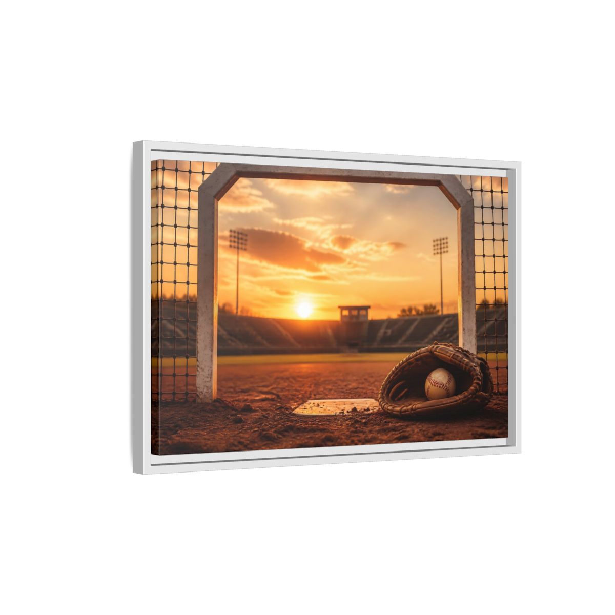 Side Mockup 1. Sports Baseball Field Baseball Sunset shown as framed canvas print