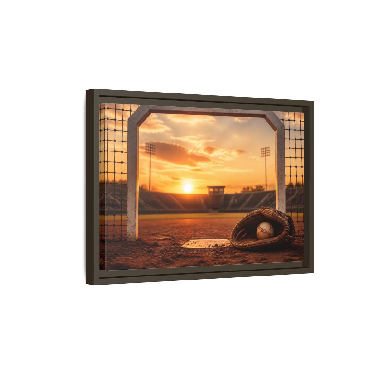 Side Mockup 5. Sports Baseball Field Baseball Sunset shown as framed canvas print
