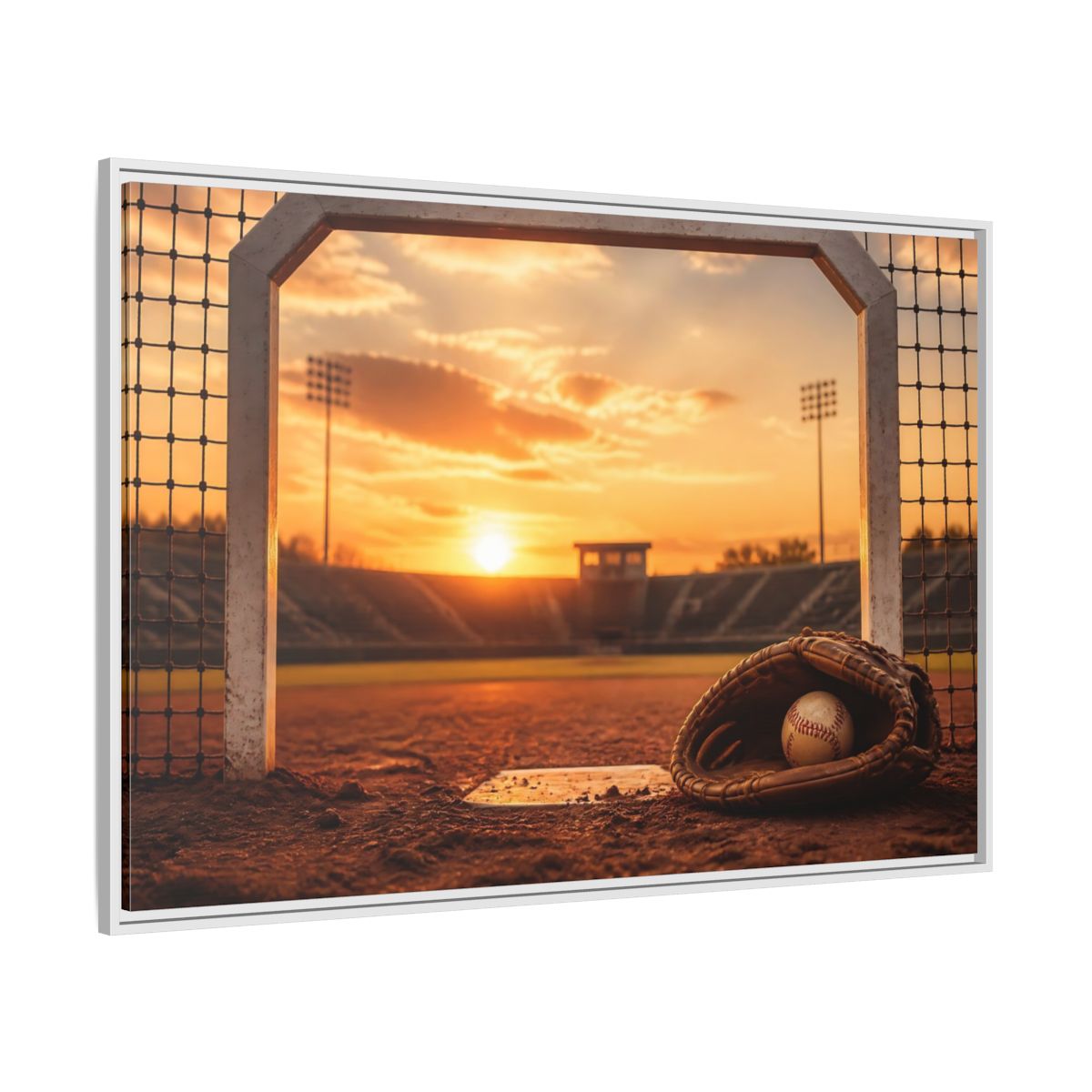 Side Mockup 7. Sports Baseball Field Baseball Sunset shown as framed canvas print