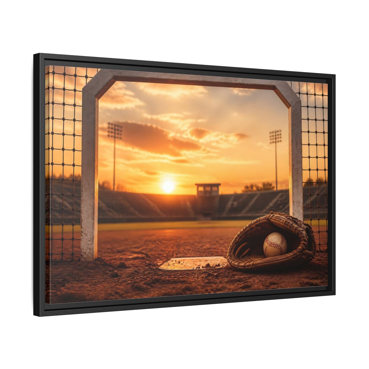 Side Mockup 14. Sports Baseball Field Baseball Sunset shown as framed canvas print
