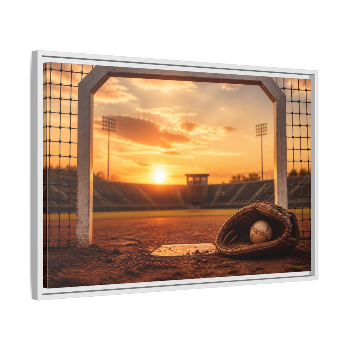 Side Mockup 10. Sports Baseball Field Baseball Sunset shown as framed canvas print