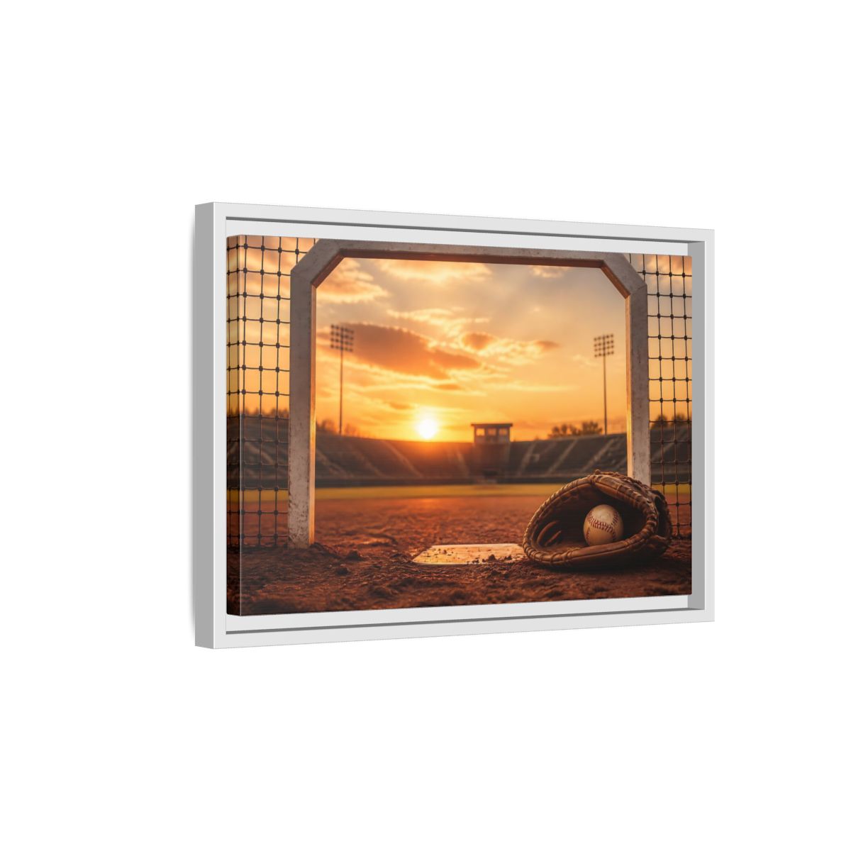 Side Mockup 4. Sports Baseball Field Baseball Sunset shown as framed canvas print