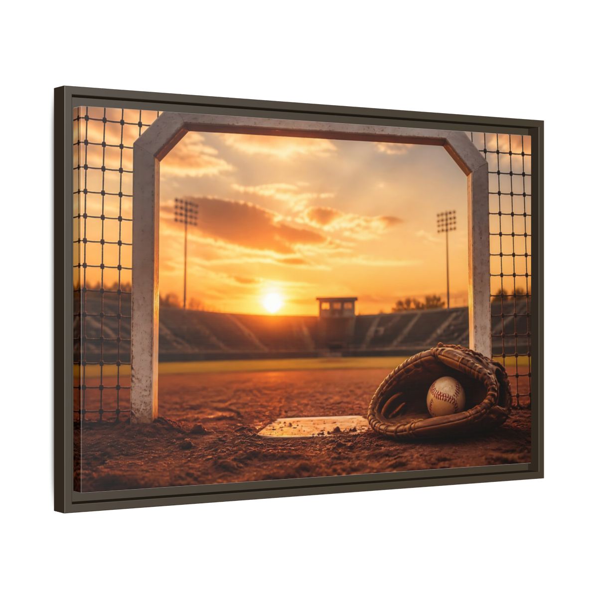 Side Mockup 11. Sports Baseball Field Baseball Sunset shown as framed canvas print