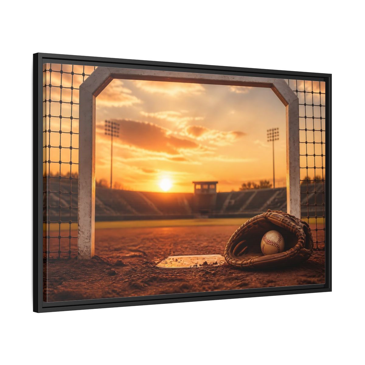 Side Mockup 13. Sports Baseball Field Baseball Sunset shown as framed canvas print