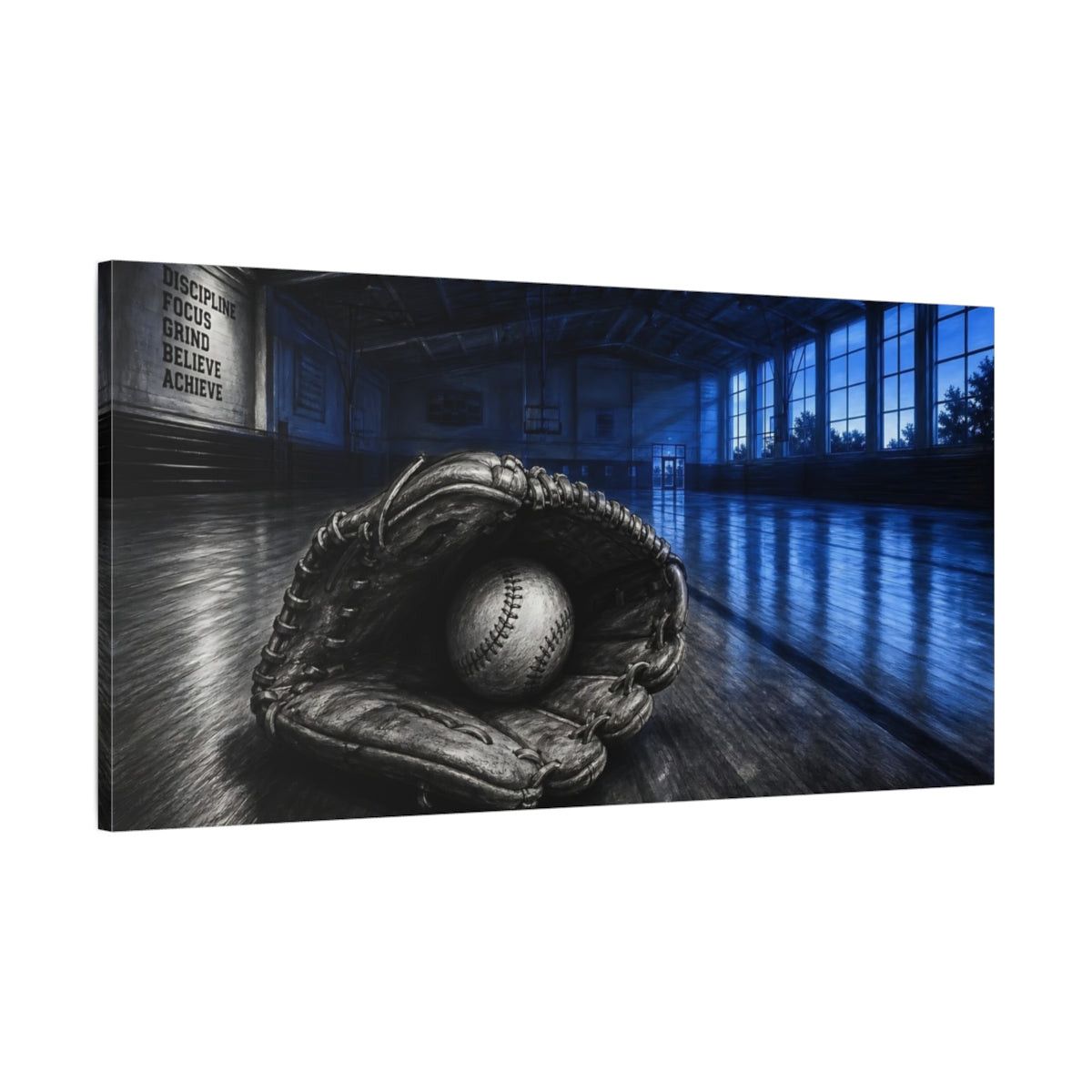 Main Mockup. Sports Baseball Glove Blue And Black shown as canvas print
