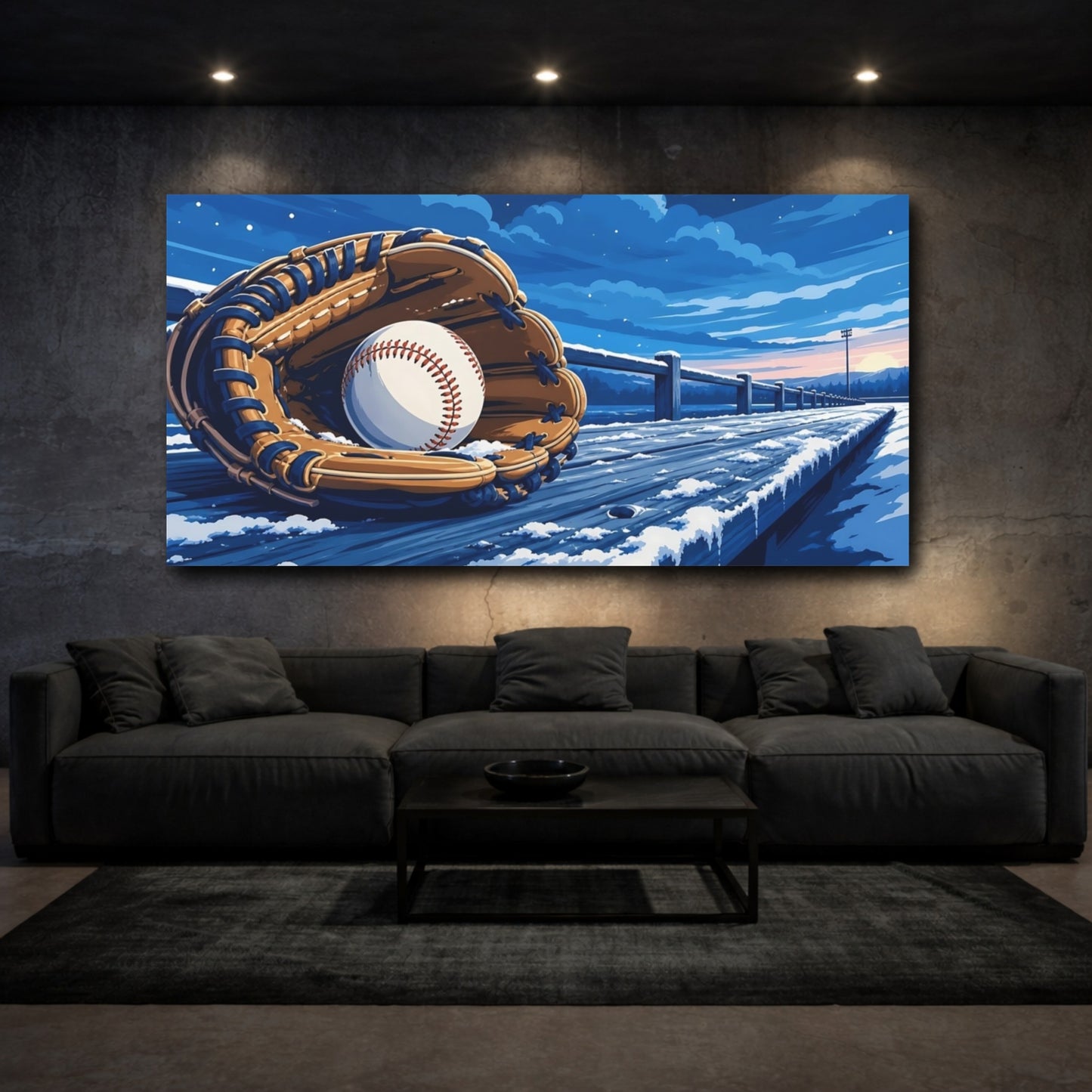 Mockup 3. Sports Baseball Glove Blue Winter Baseball shown as canvas print