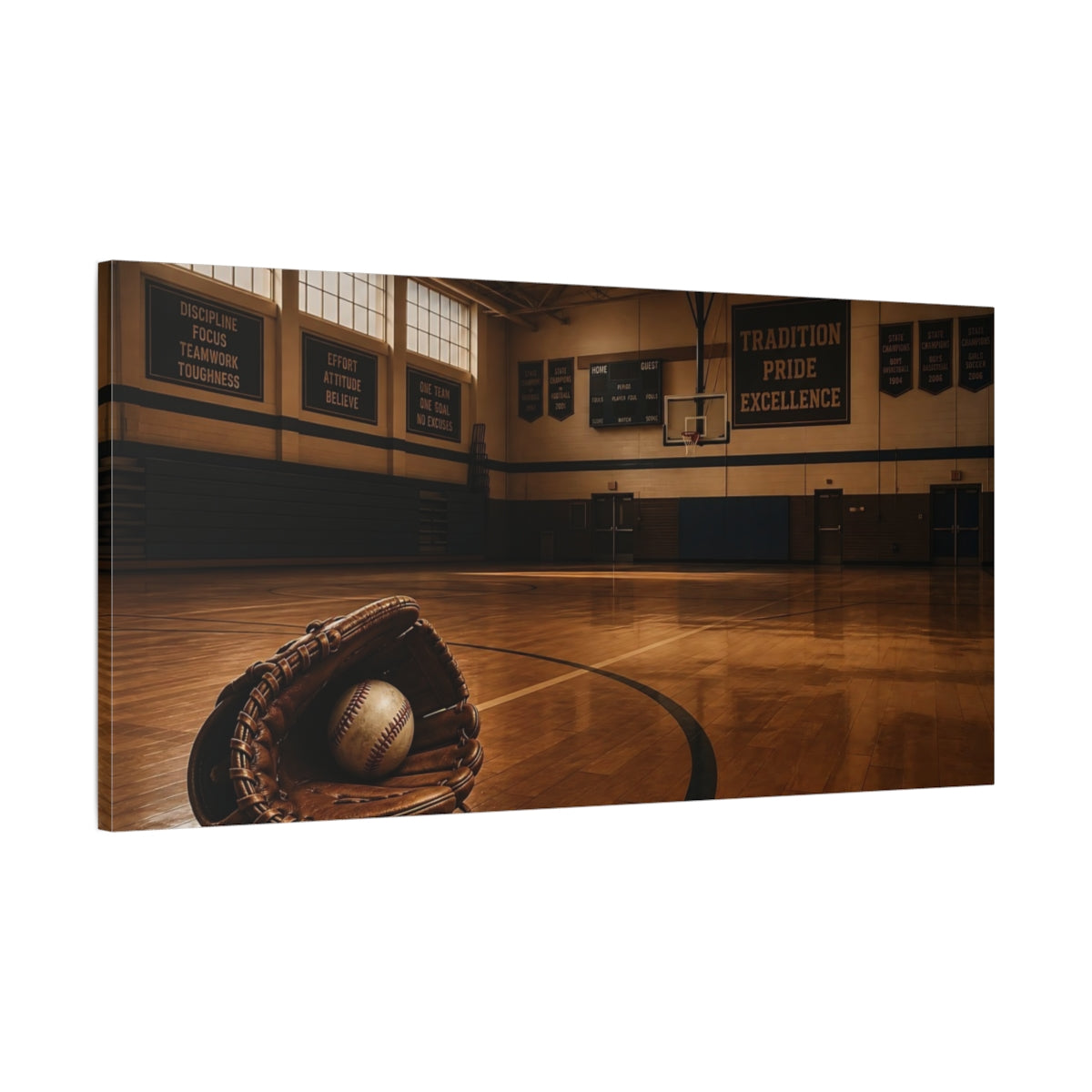 Main Mockup. Sports Baseball Glove Brown And Blue shown as canvas print