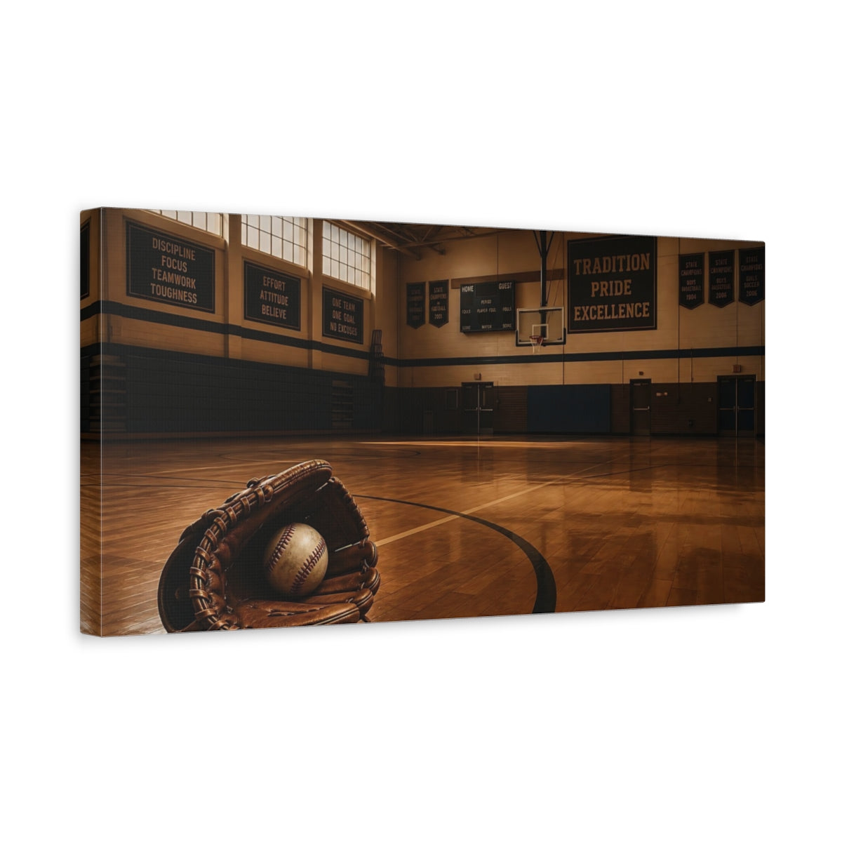 Side Mockup 3. Sports Baseball Glove Brown And Blue shown as canvas print