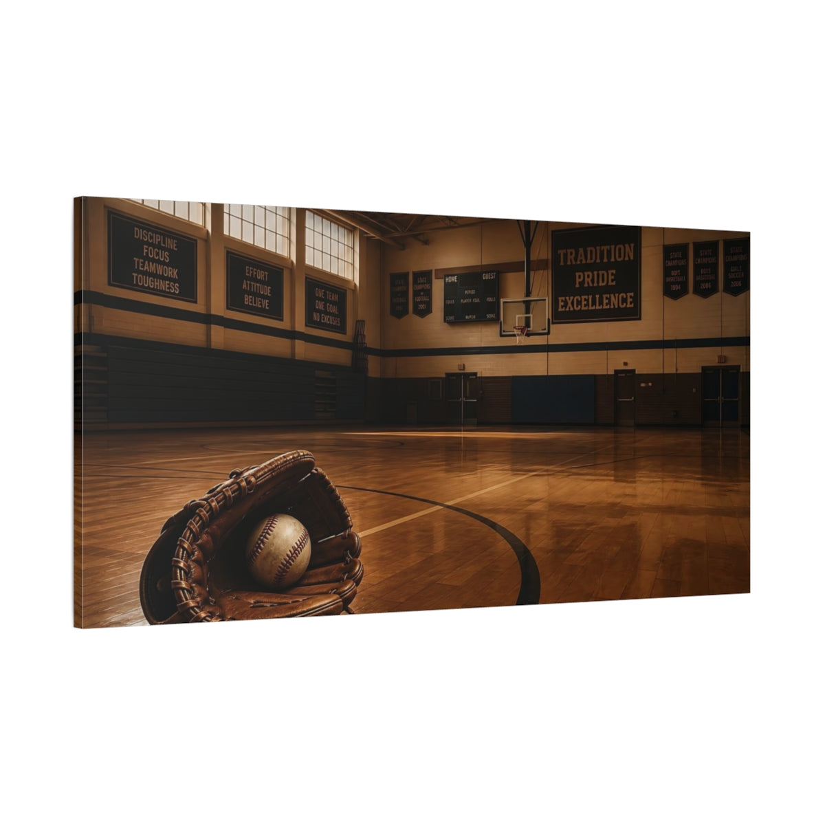 Side Mockup 2. Sports Baseball Glove Brown And Blue shown as canvas print