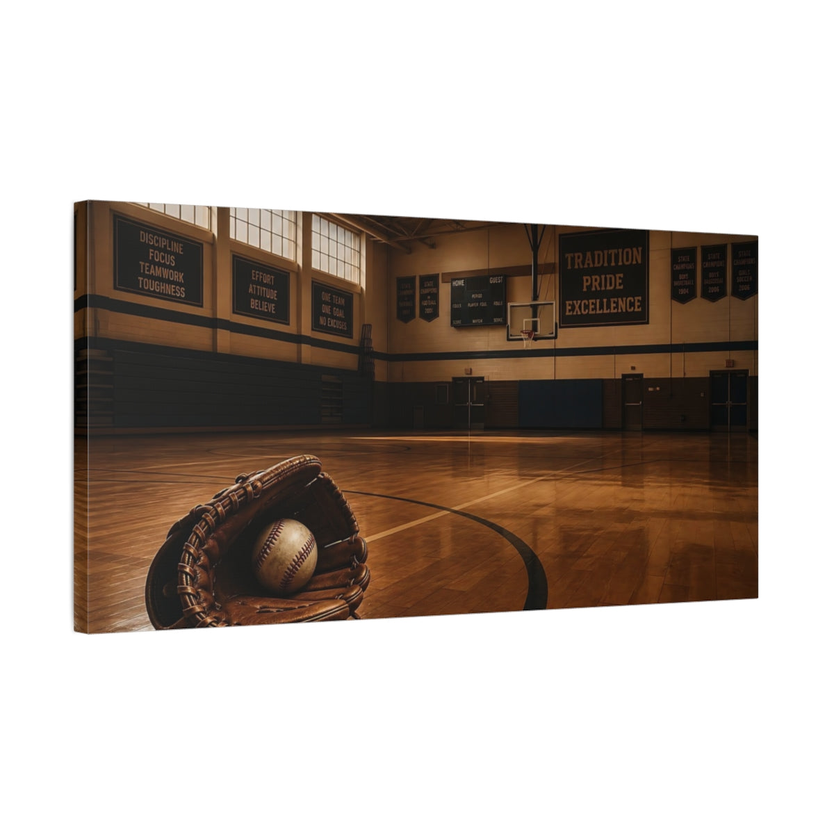 Side Mockup 1. Sports Baseball Glove Brown And Blue shown as canvas print