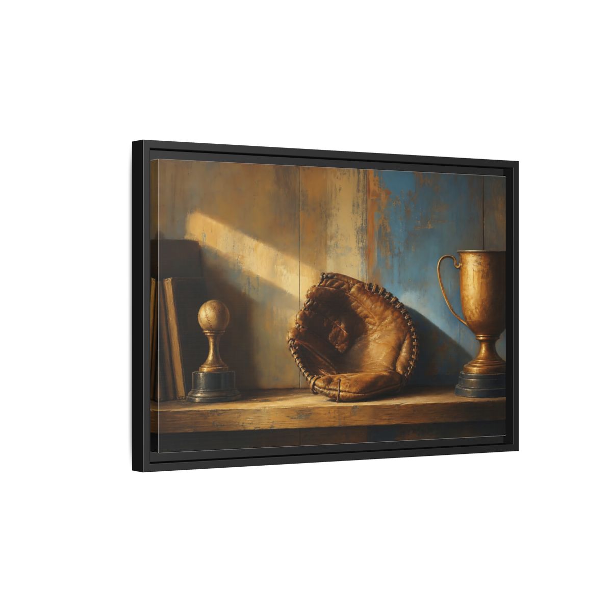 Side Mockup 3. Sports Baseball Glove Brown Blue Sports shown as framed canvas print