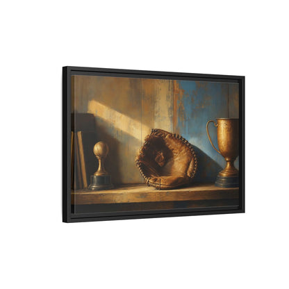 Side Mockup 3. Sports Baseball Glove Brown Blue Sports shown as framed canvas print