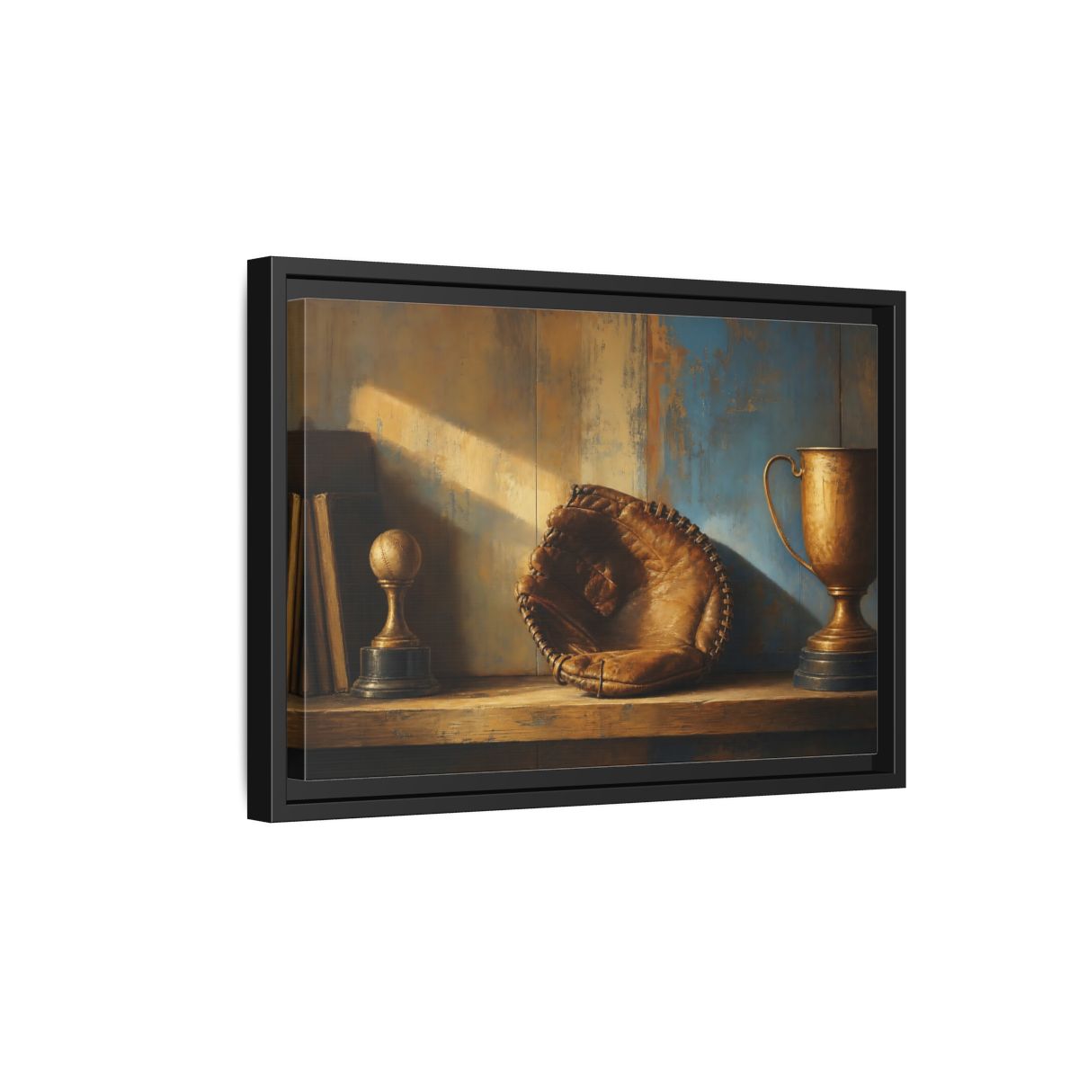 Side Mockup 6. Sports Baseball Glove Brown Blue Sports shown as framed canvas print