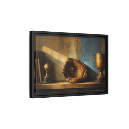 Side Mockup 6. Sports Baseball Glove Brown Blue Sports shown as framed canvas print
