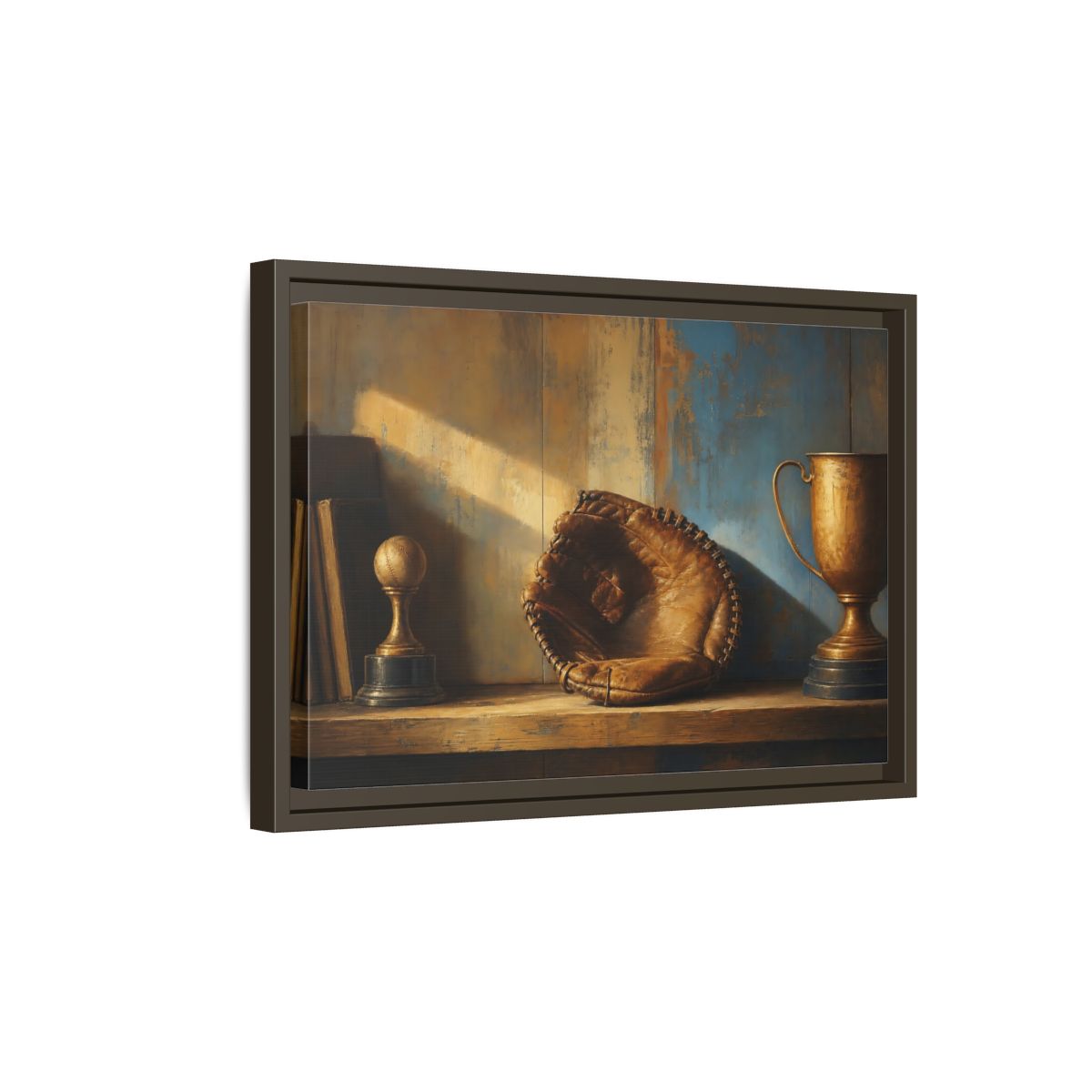 Side Mockup 5. Sports Baseball Glove Brown Blue Sports shown as framed canvas print