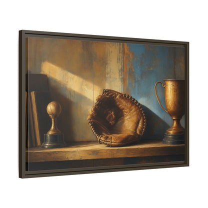 Side Mockup 11. Sports Baseball Glove Brown Blue Sports shown as framed canvas print