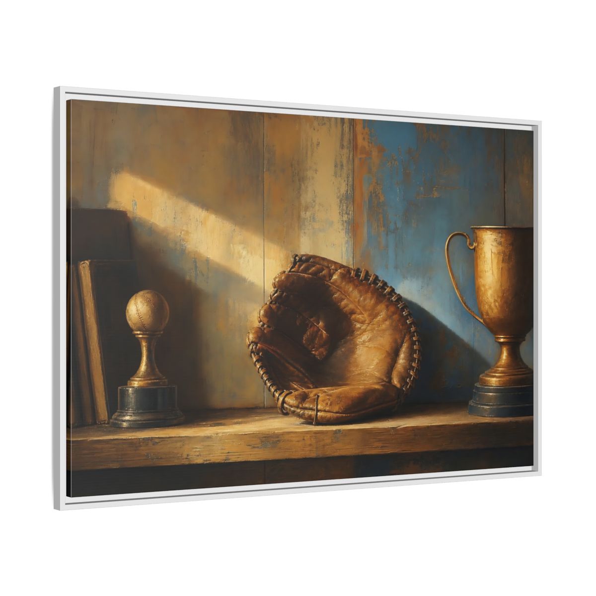Side Mockup 7. Sports Baseball Glove Brown Blue Sports shown as framed canvas print