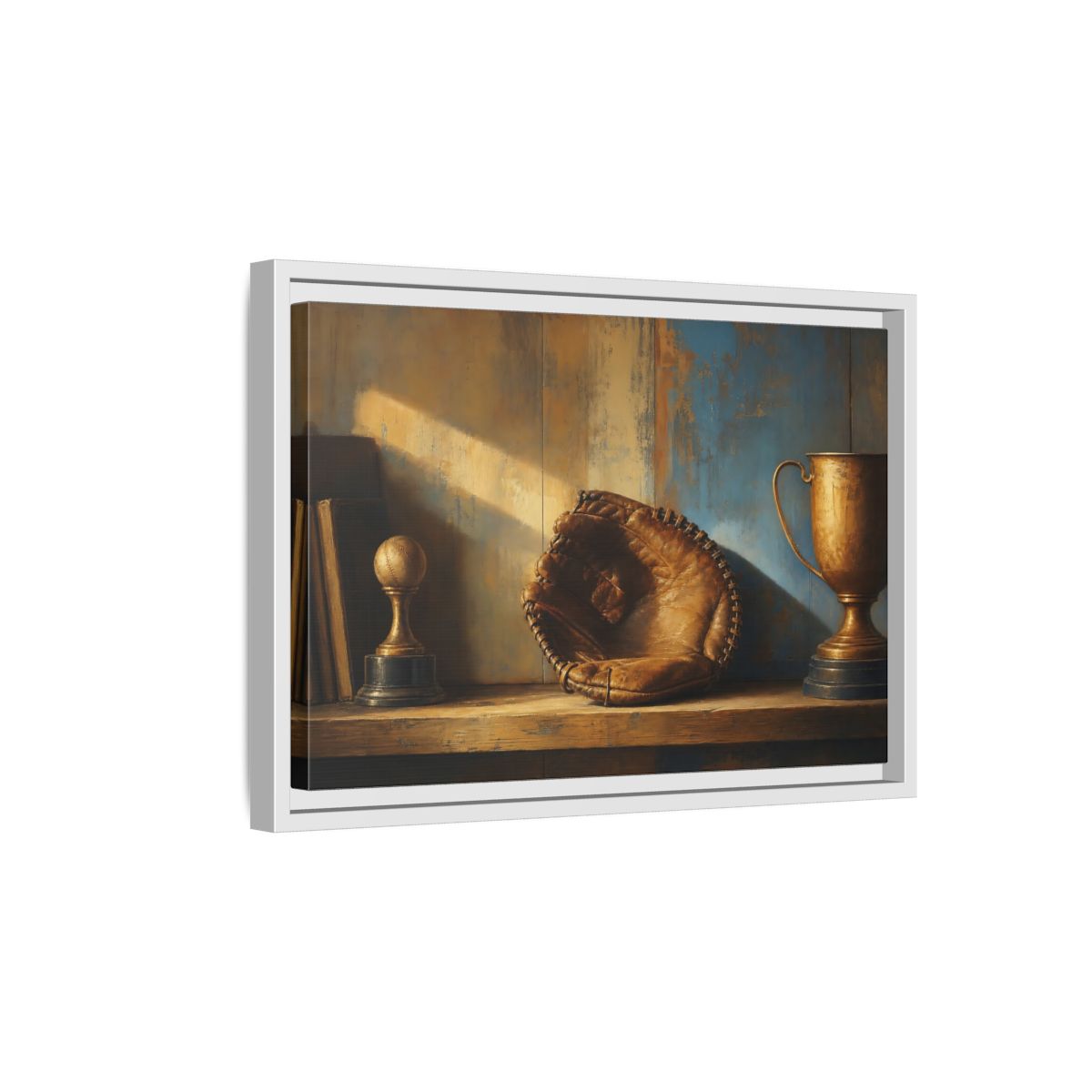 Side Mockup 4. Sports Baseball Glove Brown Blue Sports shown as framed canvas print