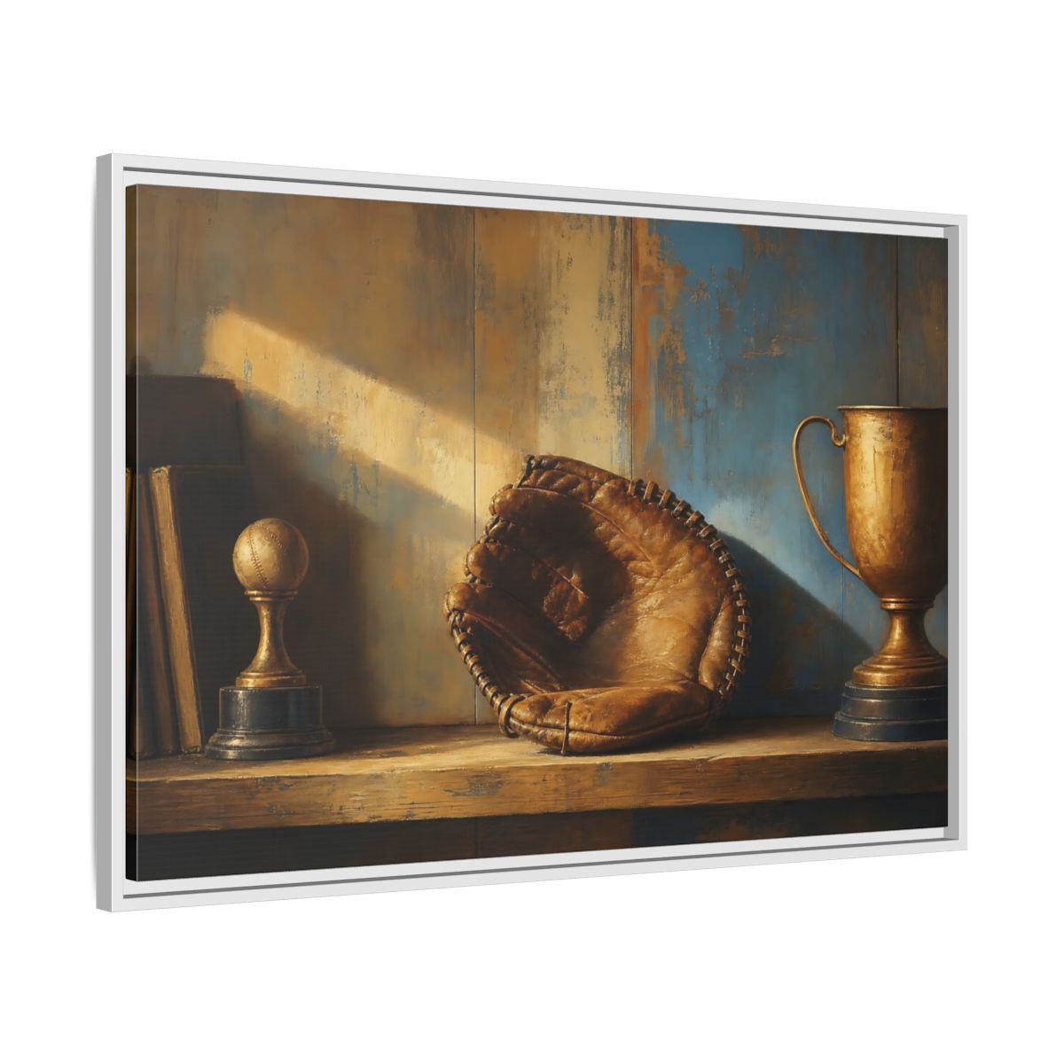 Side Mockup 9. Sports Baseball Glove Brown Blue Sports shown as framed canvas print