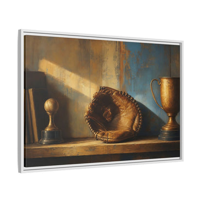 Side Mockup 9. Sports Baseball Glove Brown Blue Sports shown as framed canvas print