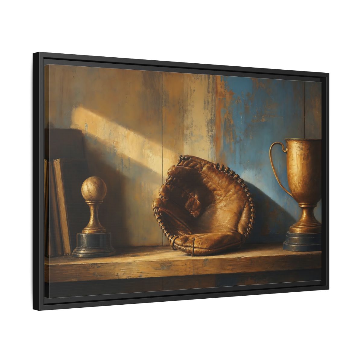 Side Mockup 14. Sports Baseball Glove Brown Blue Sports shown as framed canvas print