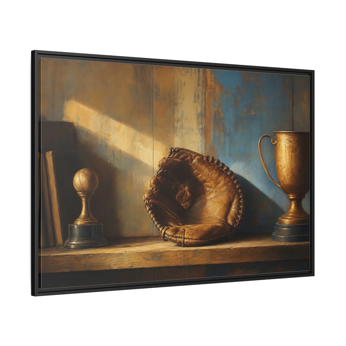 Side Mockup 12. Sports Baseball Glove Brown Blue Sports shown as framed canvas print