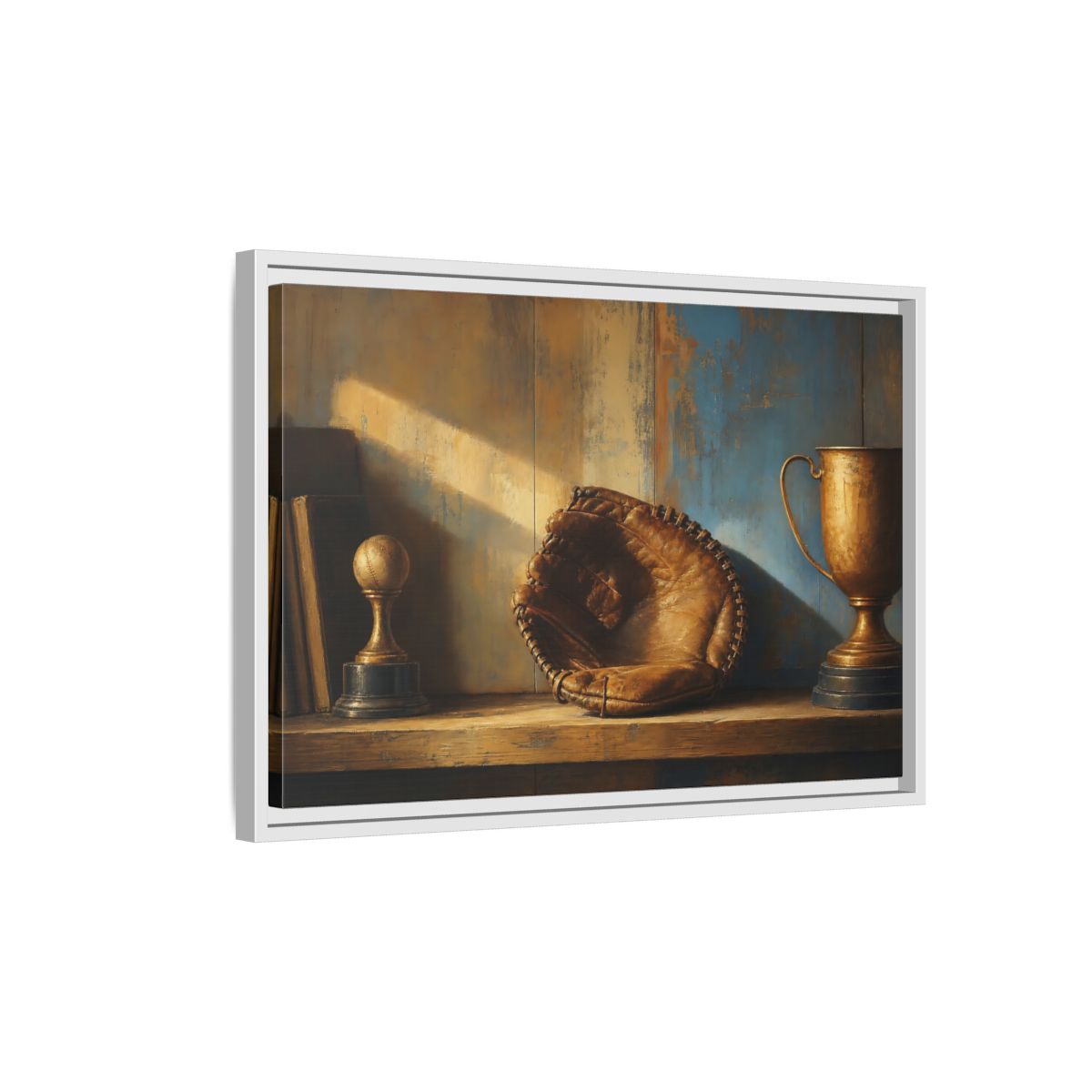 Side Mockup 1. Sports Baseball Glove Brown Blue Sports shown as framed canvas print
