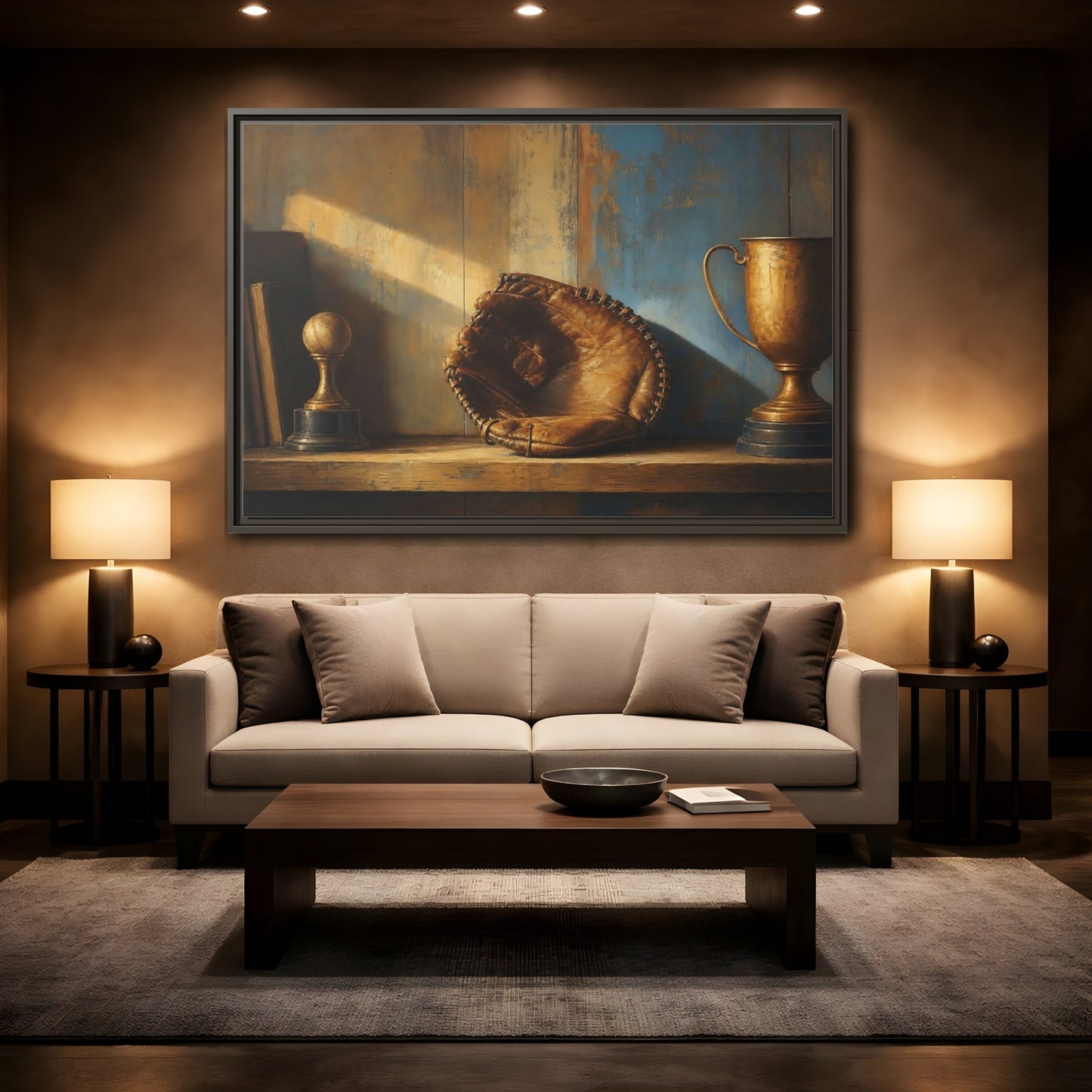 Mockup 2. Sports Baseball Glove Brown Blue Sports shown as framed canvas print