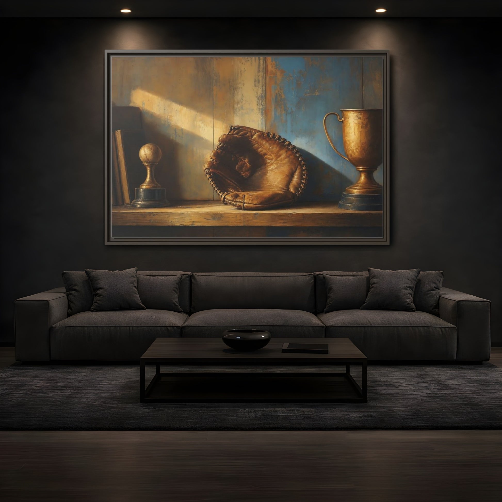 Mockup 3. Sports Baseball Glove Brown Blue Sports shown as framed canvas print