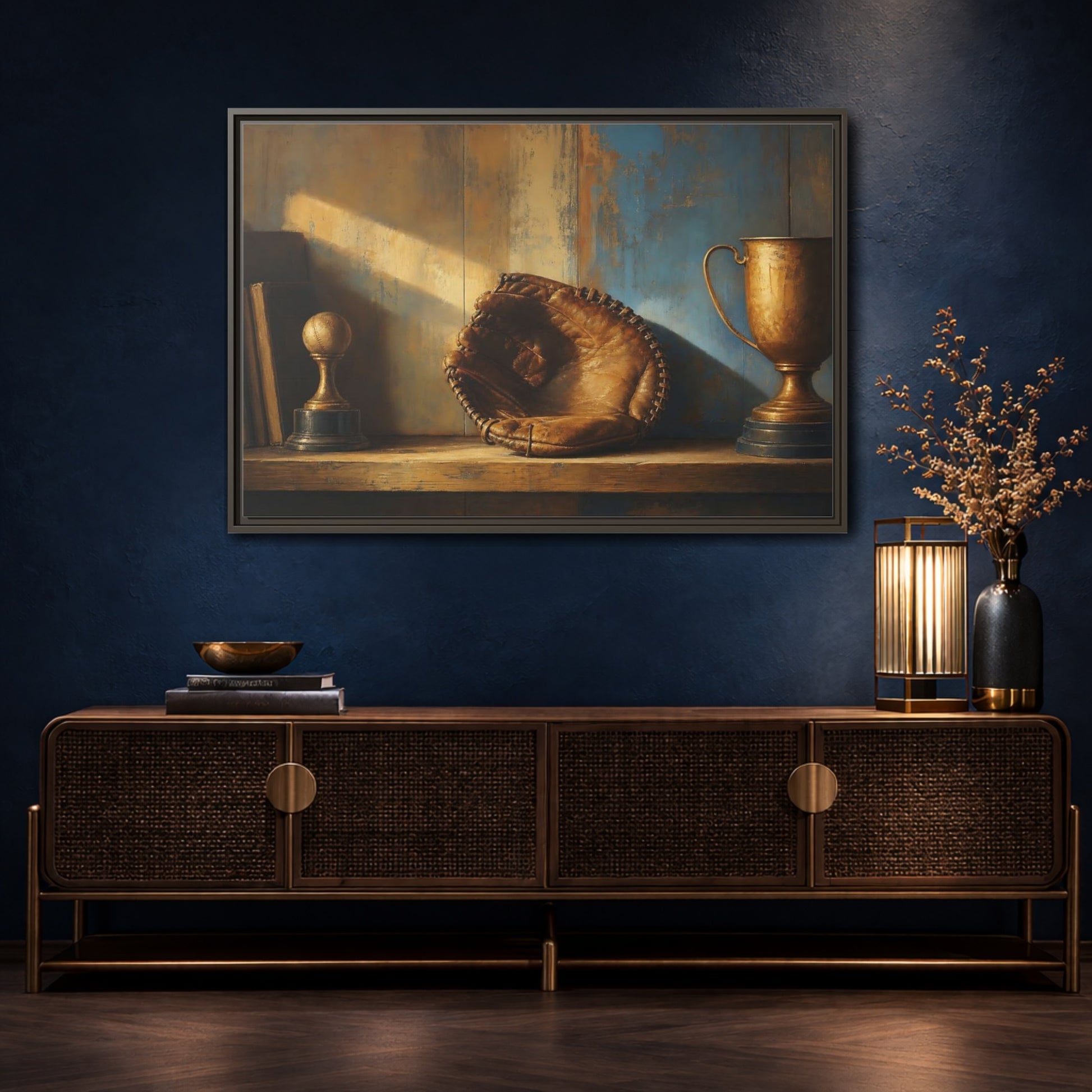 Mockup 4. Sports Baseball Glove Brown Blue Sports shown as framed canvas print