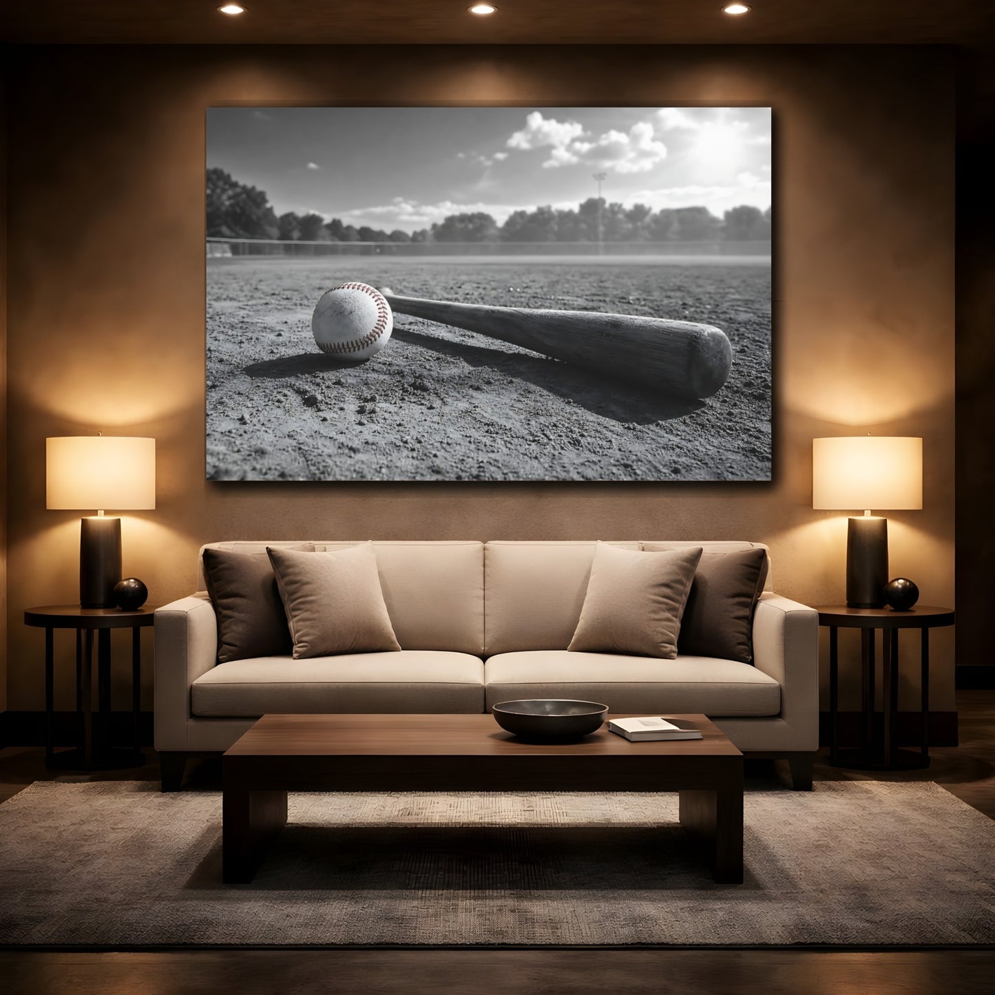 Mockup 2. Sports Baseball Monochrome Baseball shown as canvas print