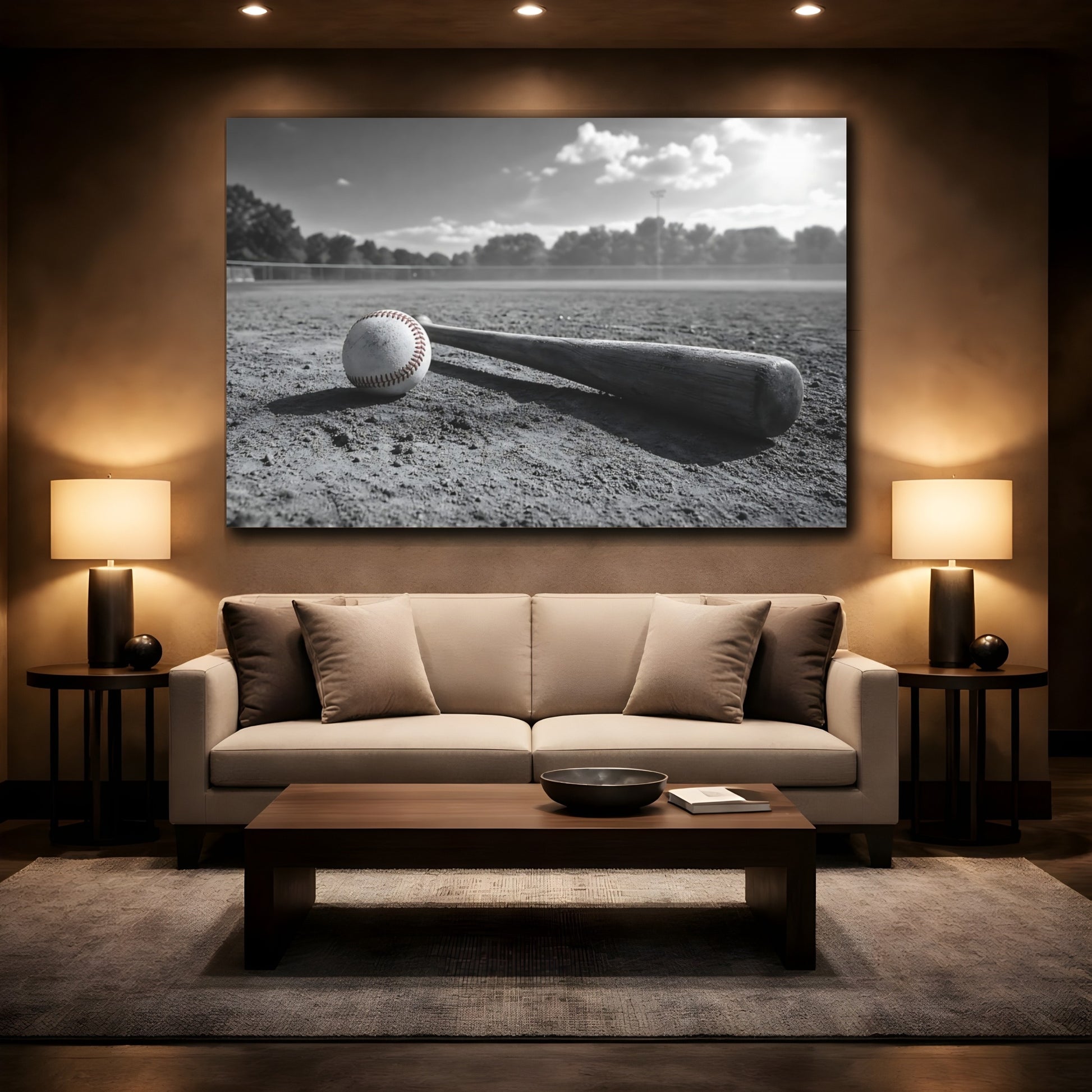 Mockup 2. Sports Baseball Monochrome Baseball shown as canvas print