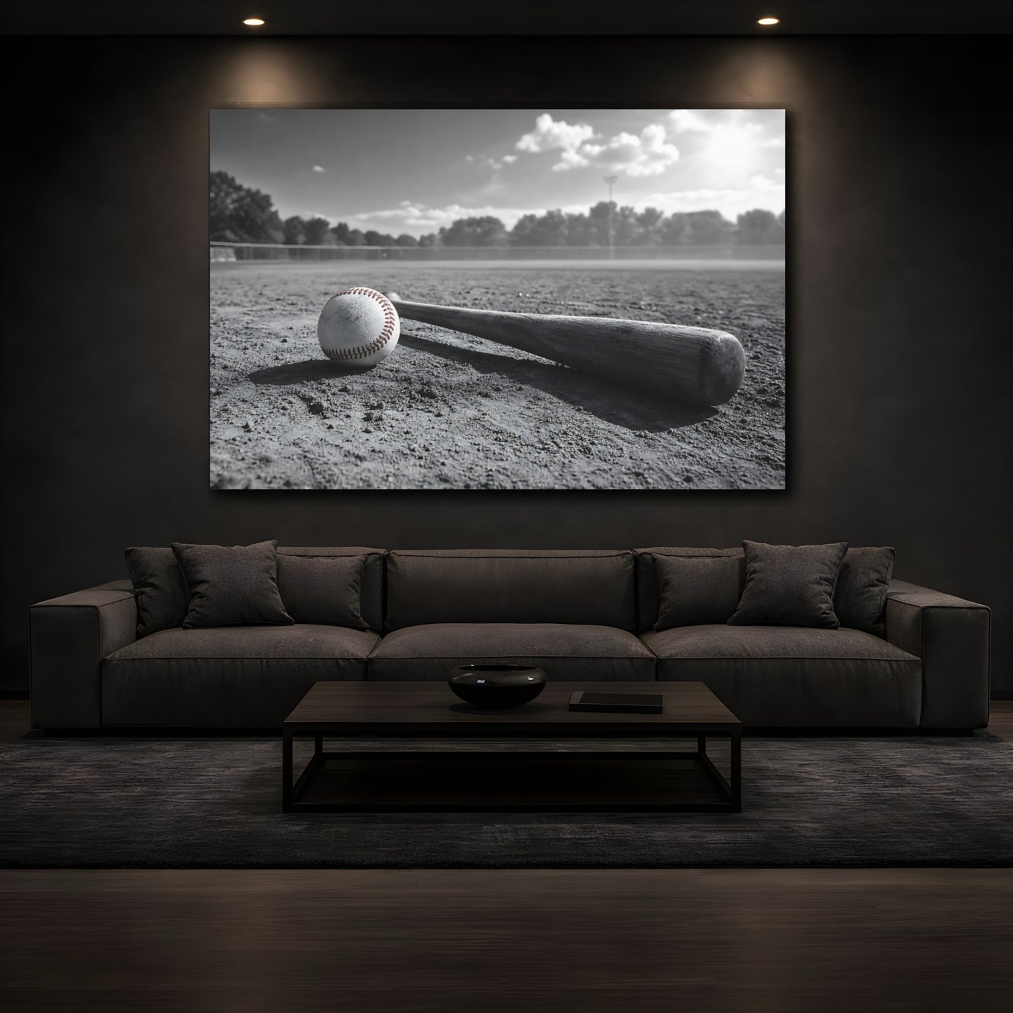 Mockup 3. Sports Baseball Monochrome Baseball shown as canvas print
