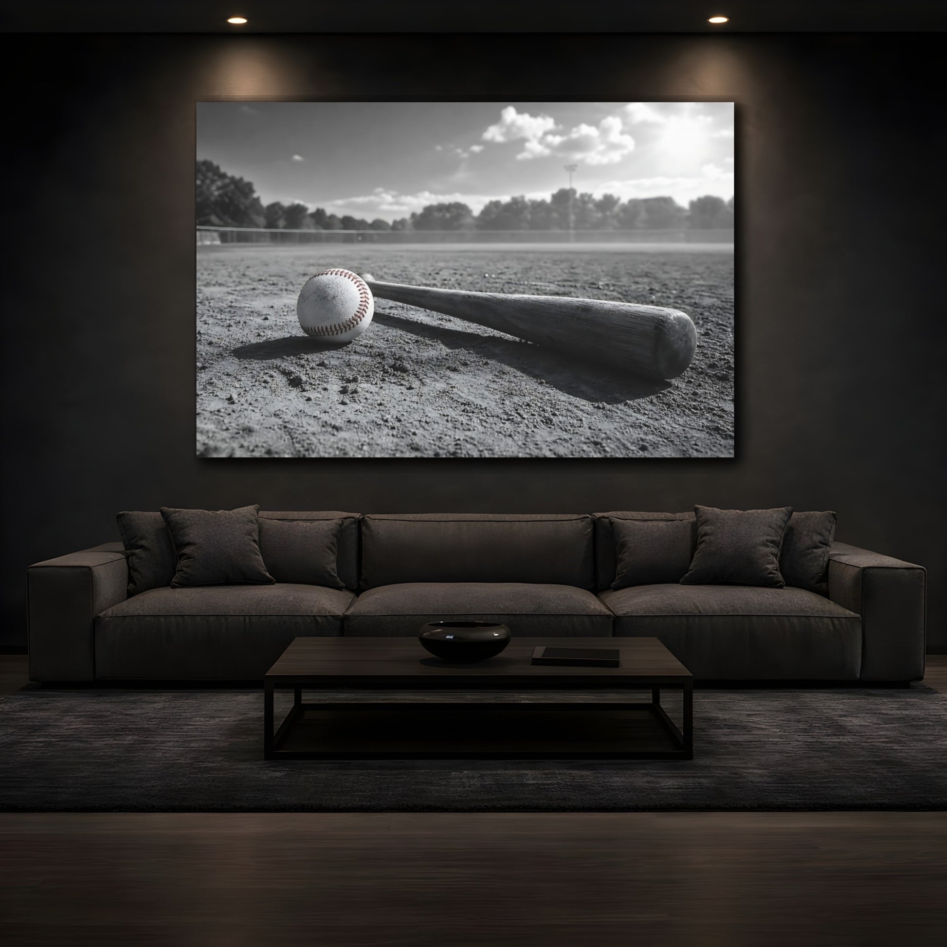 Mockup 3. Sports Baseball Monochrome Baseball shown as canvas print