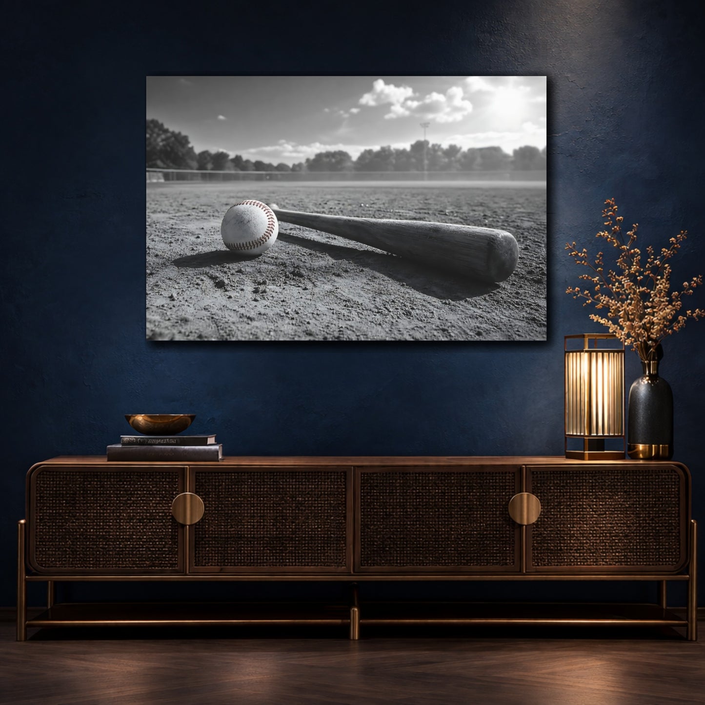 Mockup 4. Sports Baseball Monochrome Baseball shown as canvas print